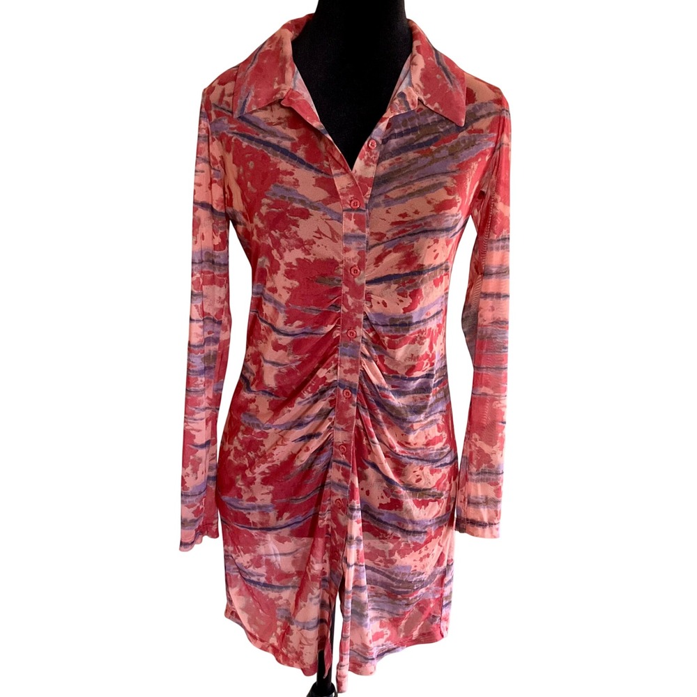 Wild Fable Y2K Abstract Mesh Ruched Button Down Mini Dress XS Long Slv. Tie Dye